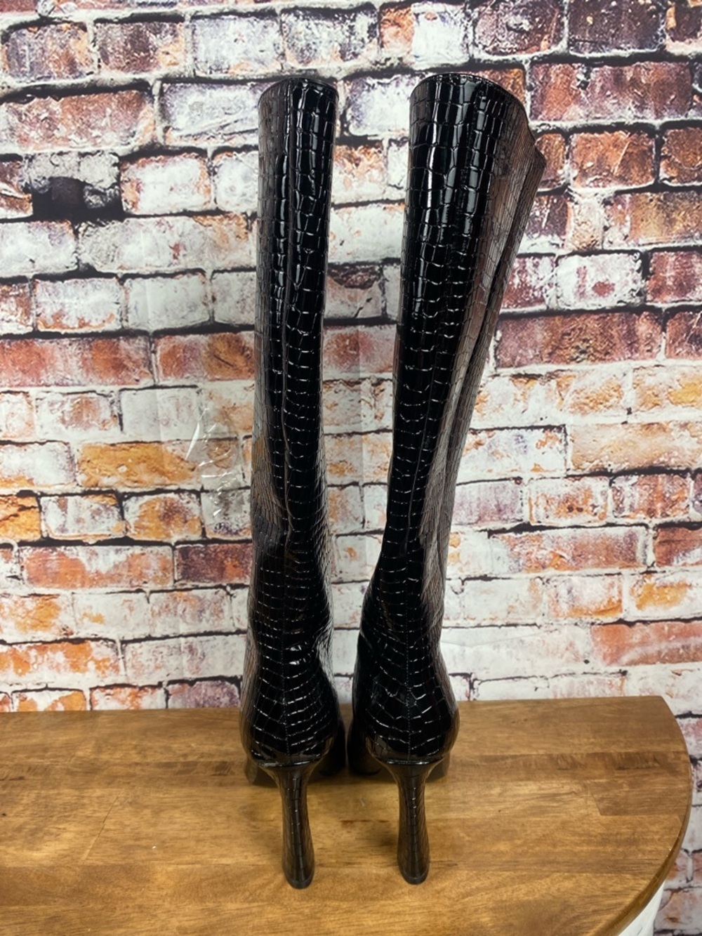 Steve Madden Black Croc-Embossed Faux Leather High Heel Knee-High Boots Sz 7.5 - Picture 11 of 15